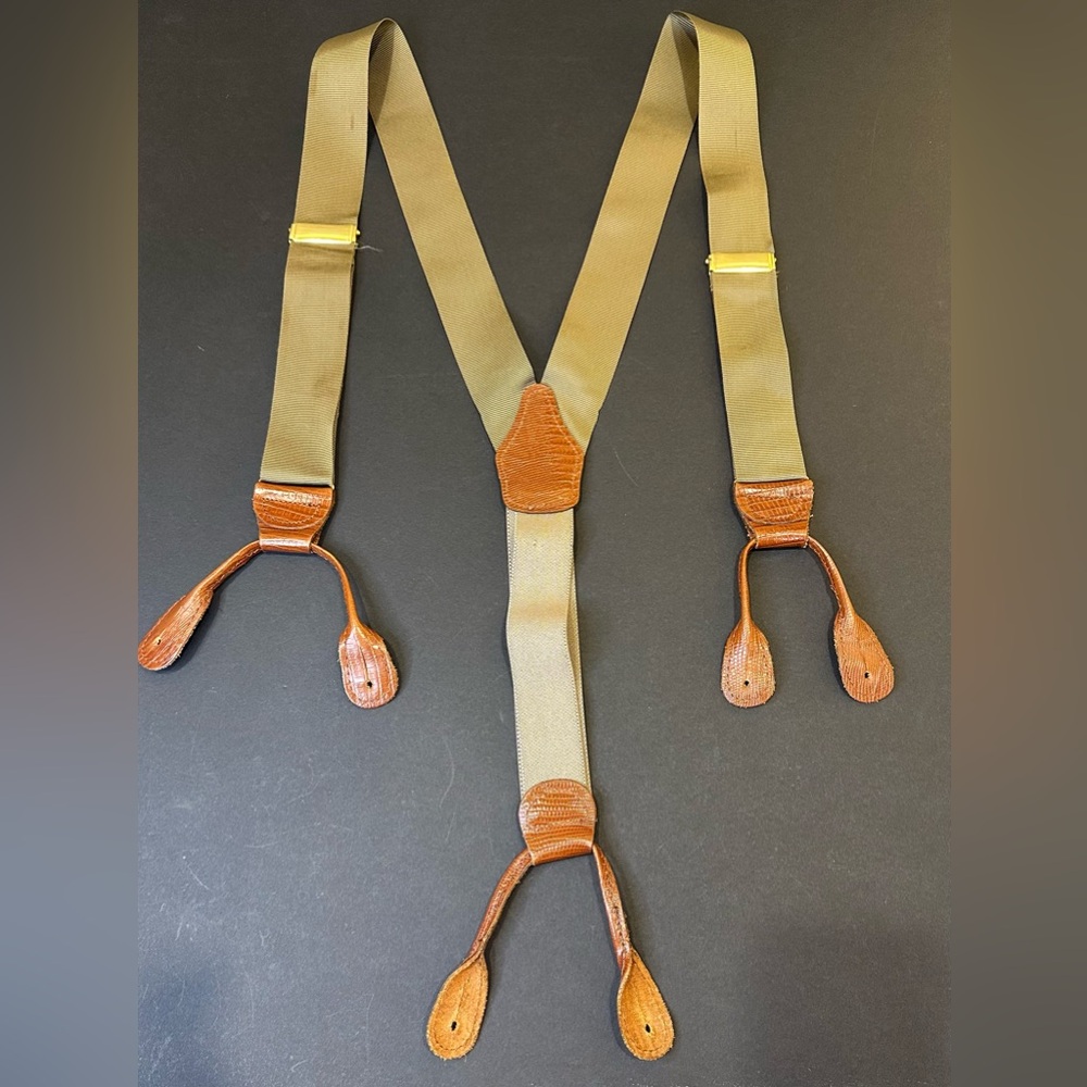 🌟HP🌟2xVTG 1990s Dark Khaki Silk Woven Suspenders Tan Lizard Embossed Leather